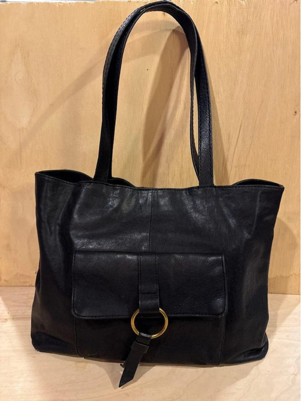 FRYE Madison Black Leather Harness Ring Front Pocket Tote Shoulder Bag Shopper